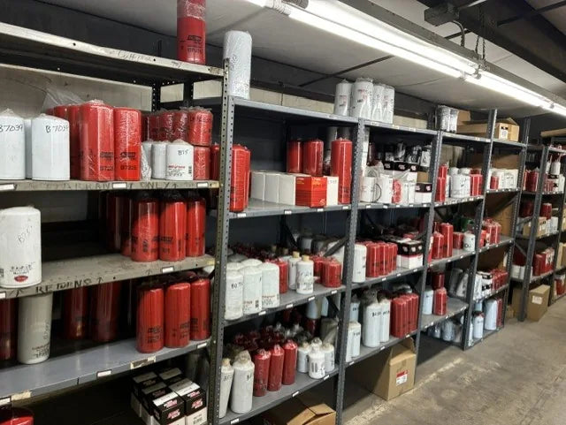 Shelves of heavy-duty engine filters in the Johnson parts department
